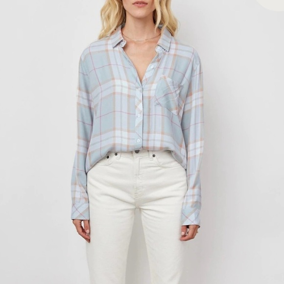 Rails Plaid Button Up Medium Blouse Top Hunter Oyster Pink Sand Grey Blue Plaid - Picture 2 of 11